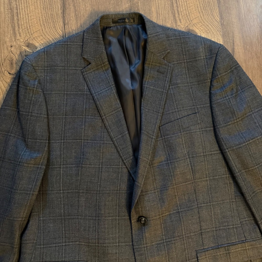 Calvin Klein Blazer Dark Grey Glen Plaid Two Button Sport Coat Preppy Mens 44R - Picture 2 of 13